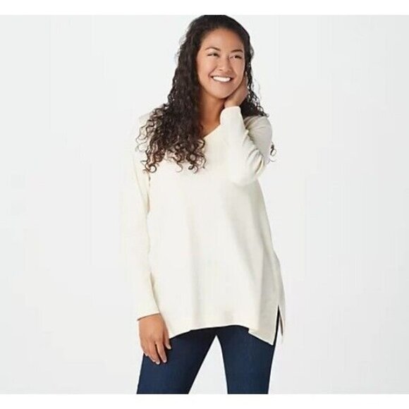 Isaac Mizrahi Live Essentials Trapeze Hem V-Neck Tunic Cream Large - Picture 1 of 1